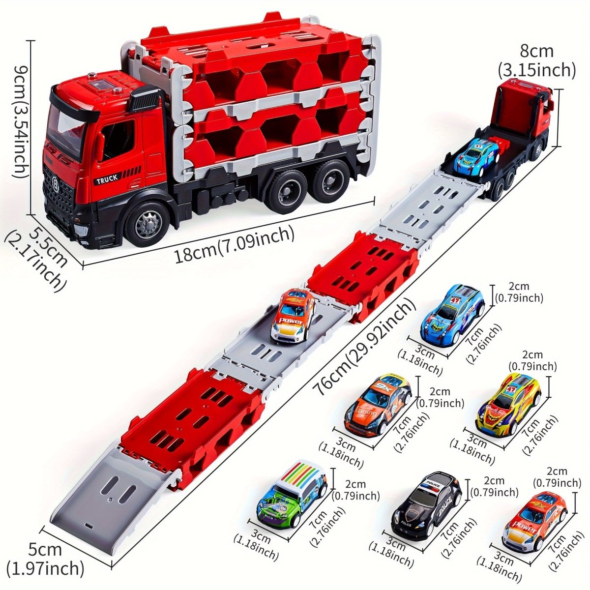 مجموعة ألعاب - شاحنة مقطورة حمراء مصنوعة من بلاستيك المتين مع 6 سيارات معدنية مصبوبة - MallqaatMallqaat